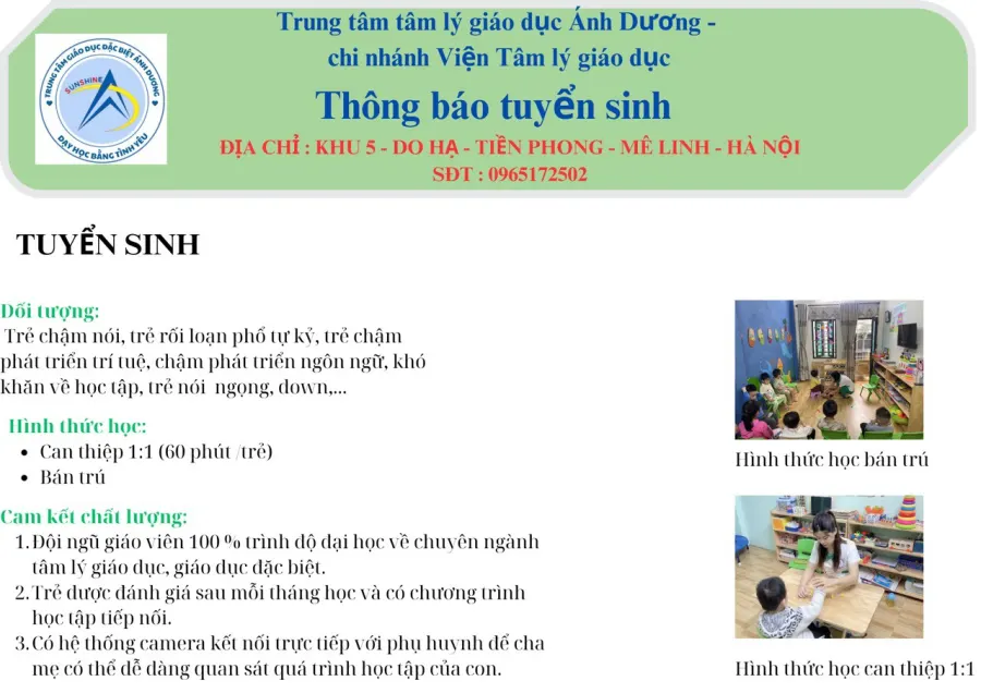 Trung Tâm Tâm lý Giáo dục Ánh Dương - Chi nhánh Viện tâm lý giáo dục